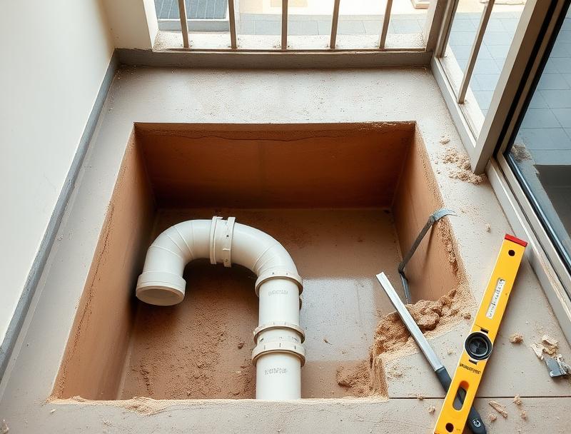 New UPVC drainage pipe laid in an open balcony floor trench