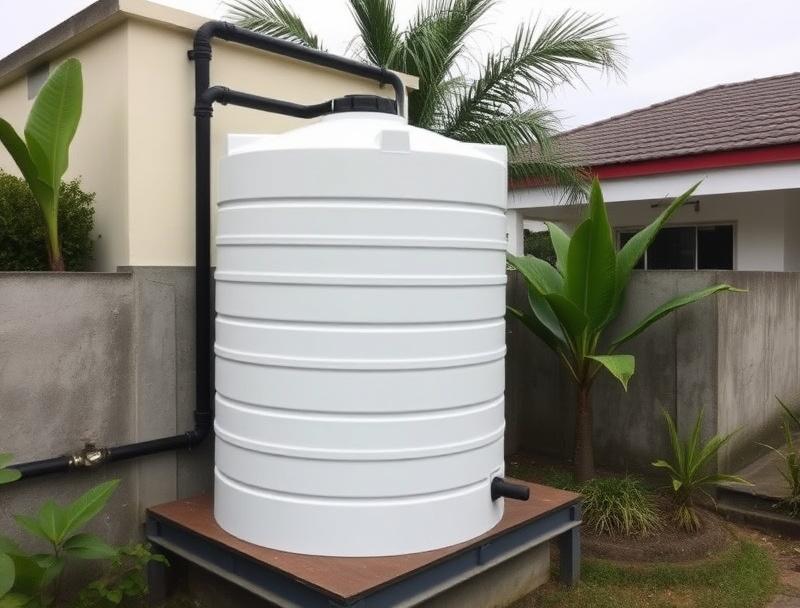 New polyethylene water tank on a steel platform beside a bungalow