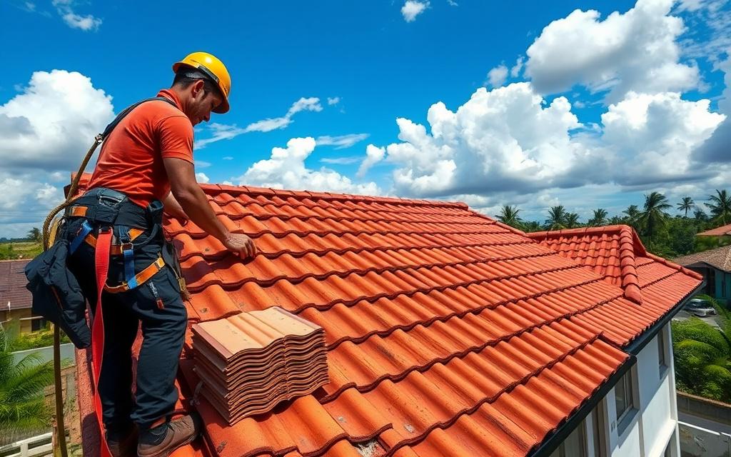 Cracked clay roof tiles being replaced