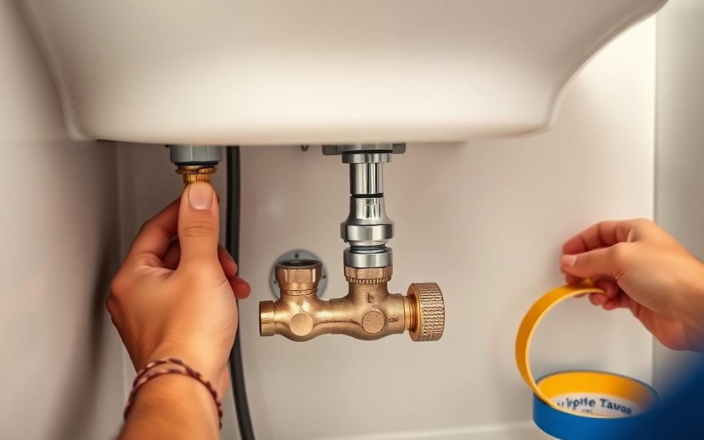 New water supply lines and chrome stop valves under a basin