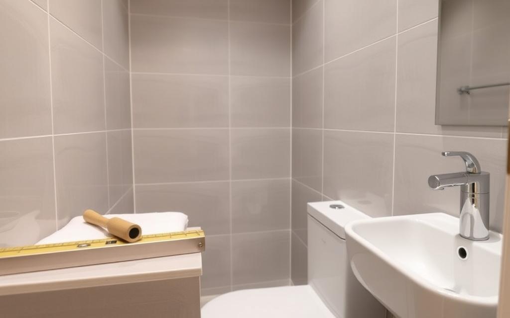 Renovated bathroom with fresh grey wall tiles