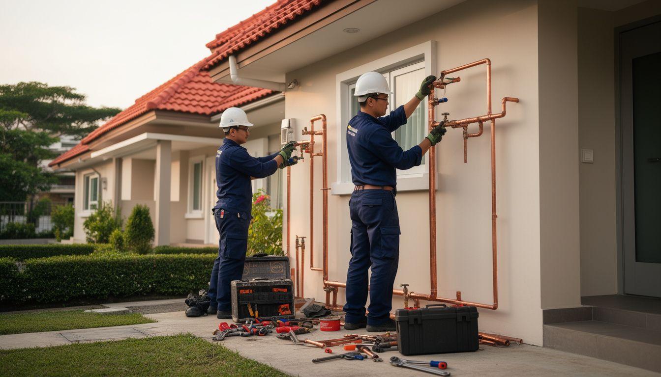 Chirobase technicians repairing water piping outside a Kuala Lumpur terrace house