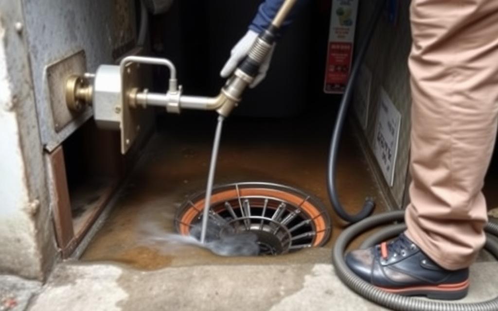 Technician feeding a drain cable machine into a floor trap