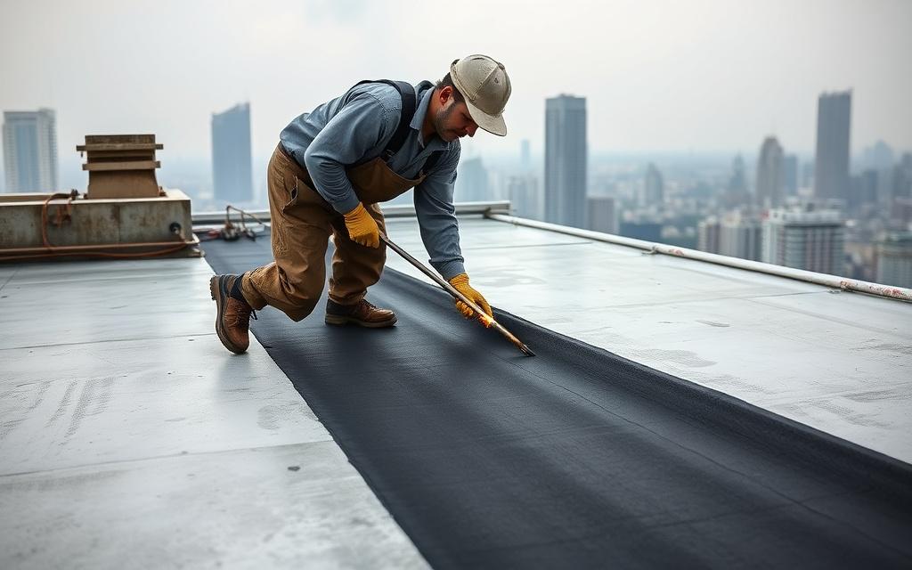 Torch-on membrane waterproofing on a commercial flat roof