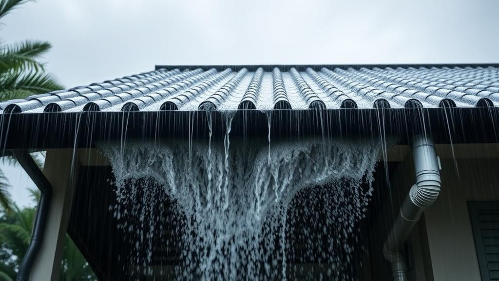 Monsoon rain pouring off a terrace roof into an overflowing gutter