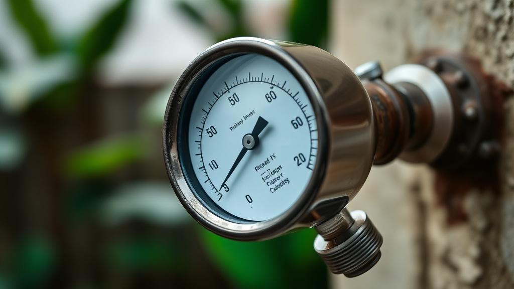 Analog water pressure gauge on an outdoor tap showing a low reading