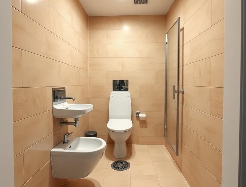 Rebuilt shoplot restroom with wall-hung toilet and new tiles