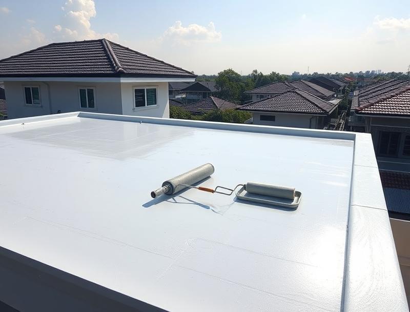 Flat terrace roof freshly coated with grey acrylic waterproofing